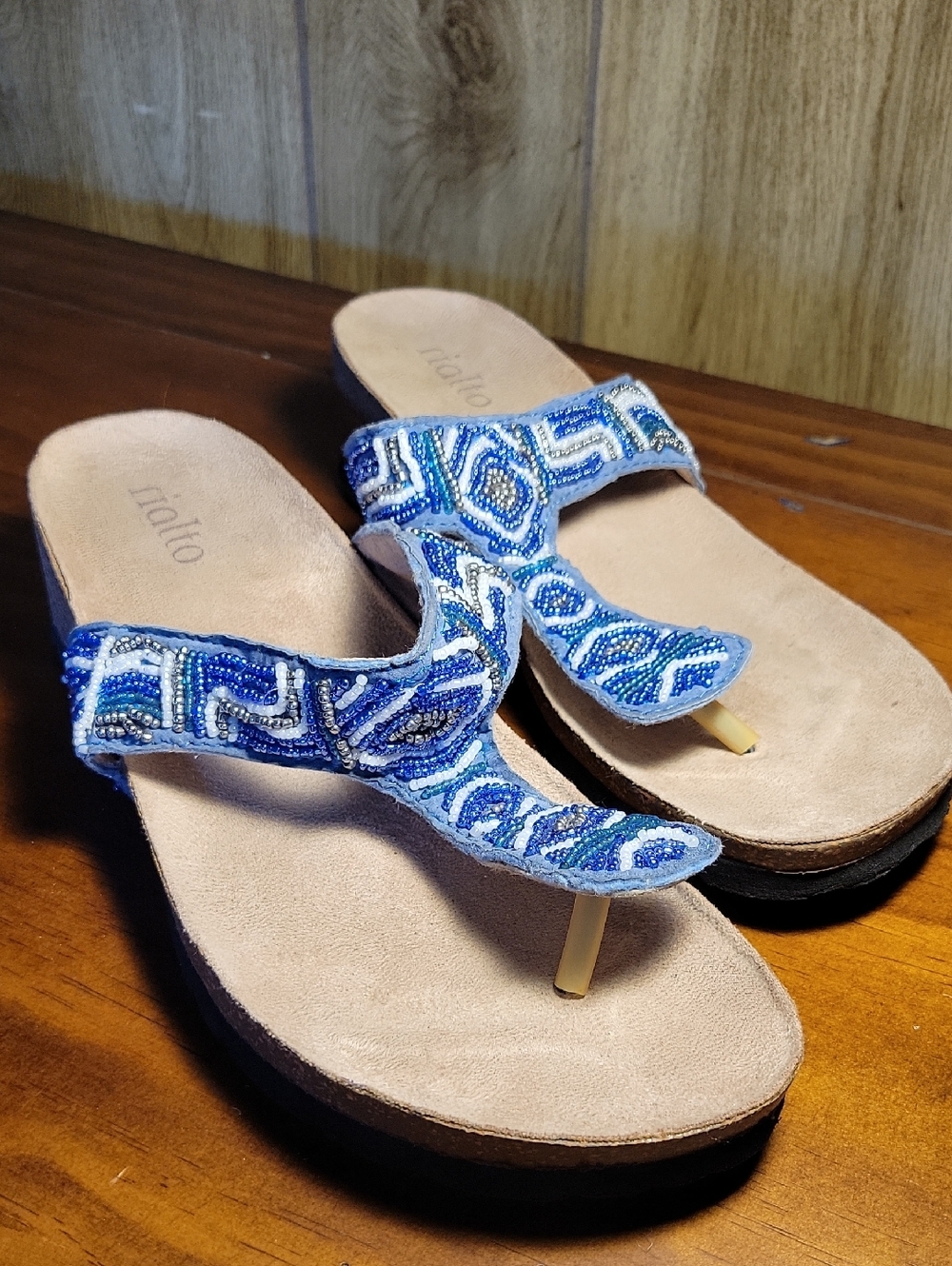 Rialto Blue Beaded Thong Sandals with White Accents